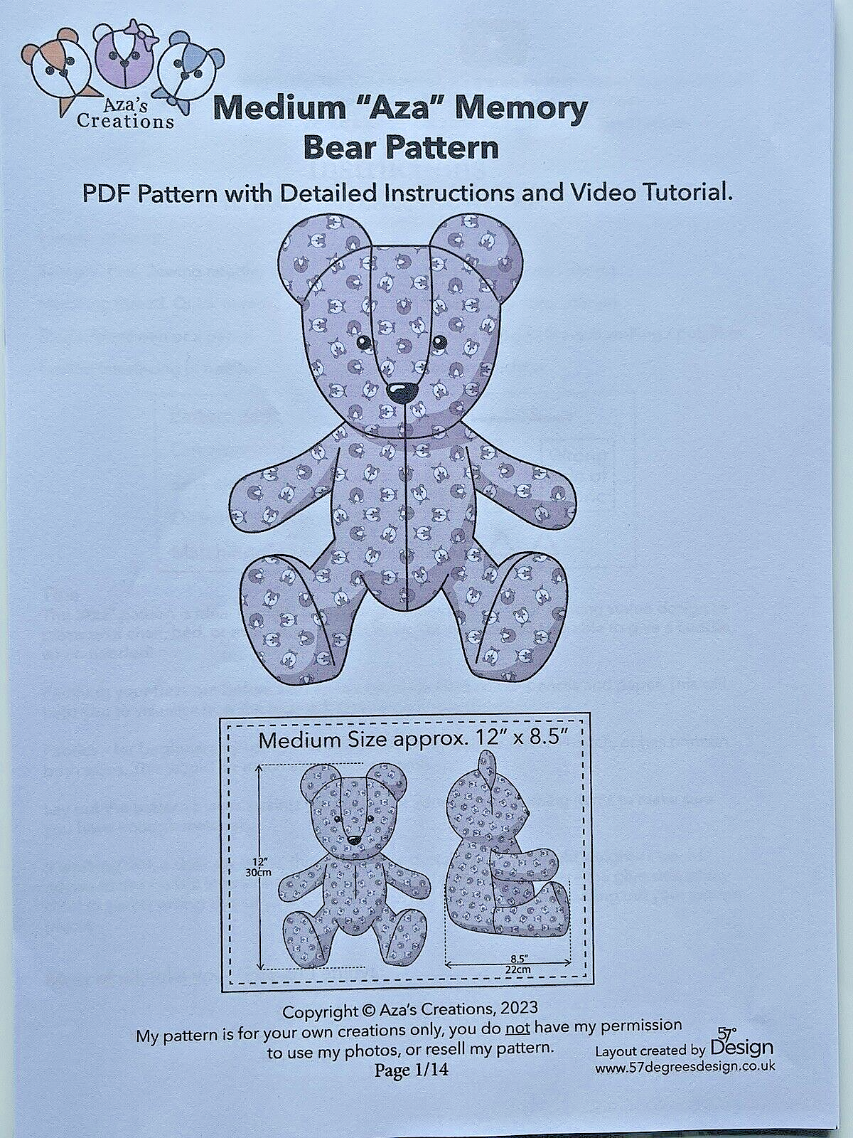 PDF Memory Bear Sewing Pattern New Design Full Instructions & Video Tutorial (Medium Bear).